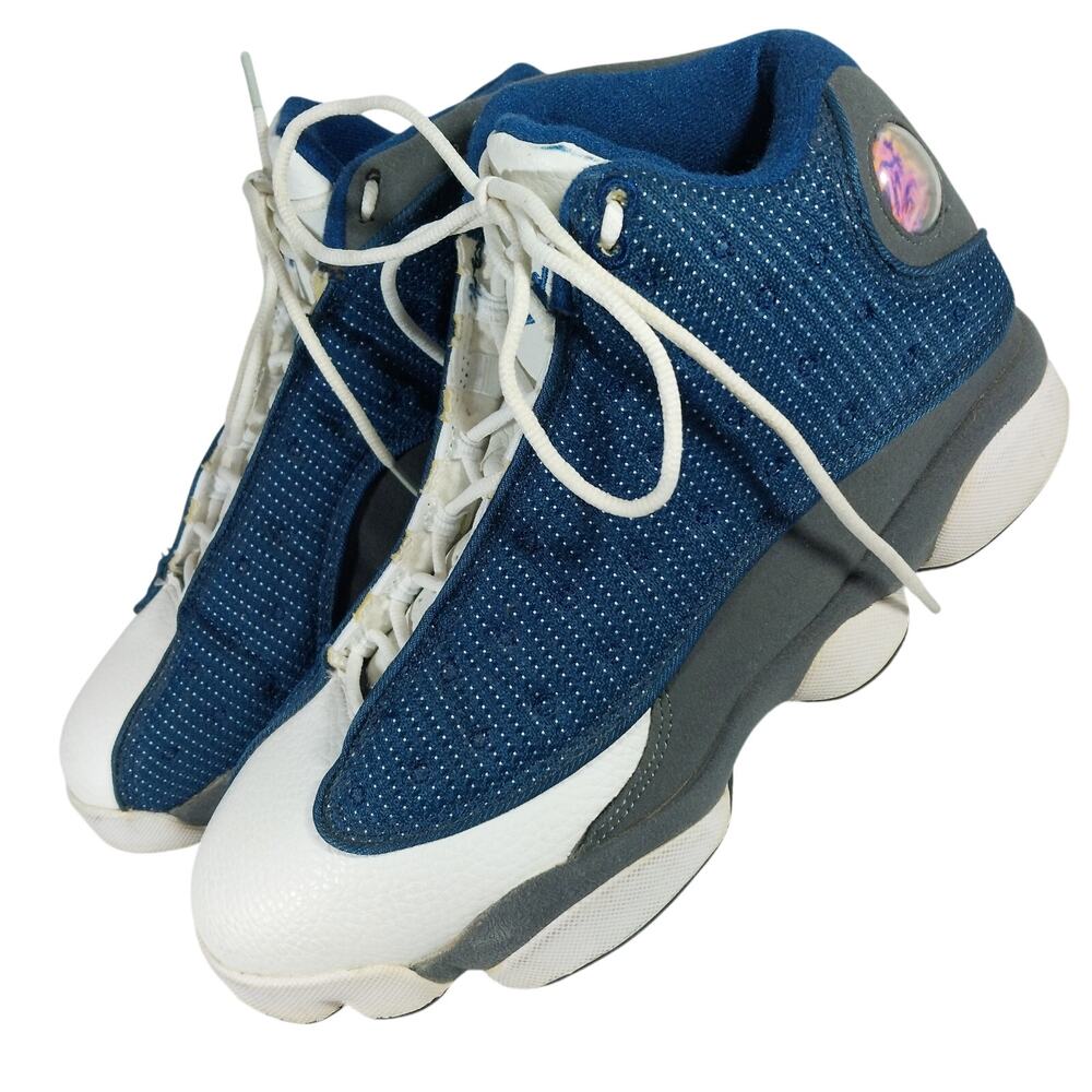 NIKE AIR JORDAN! WHITE GENUINE LEATHER, QUILTED BLUE WRAP, LOGO SNEAKERS! SZ 7M